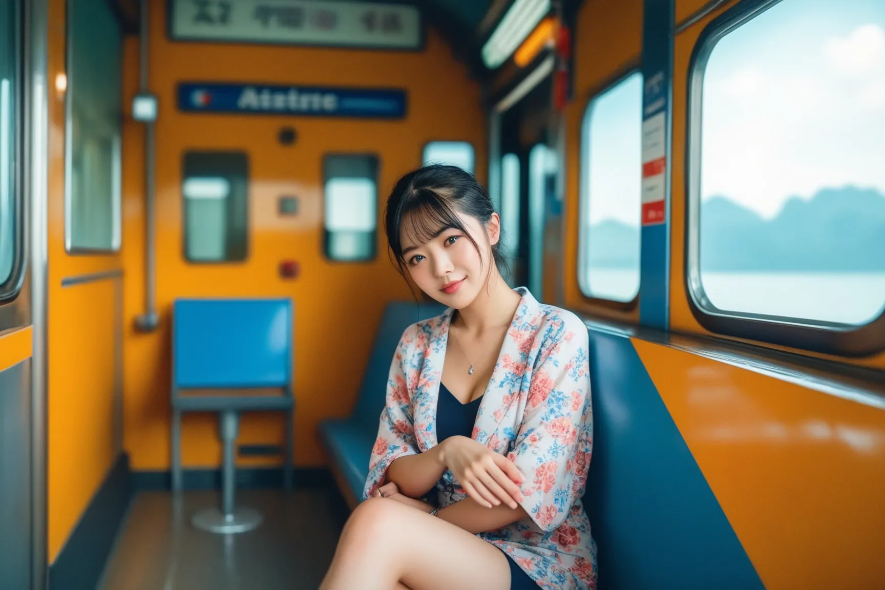 high resolution, masterpiece, accurate, high quality, High Details,  , textured skin, 
Japanese woman，shortcuts,  Hair,  1 girl, solo, chest, chestの谷間，Kyryna foot，extends one hand，Sitting on a train seat、uit、My point of view、 Look Down