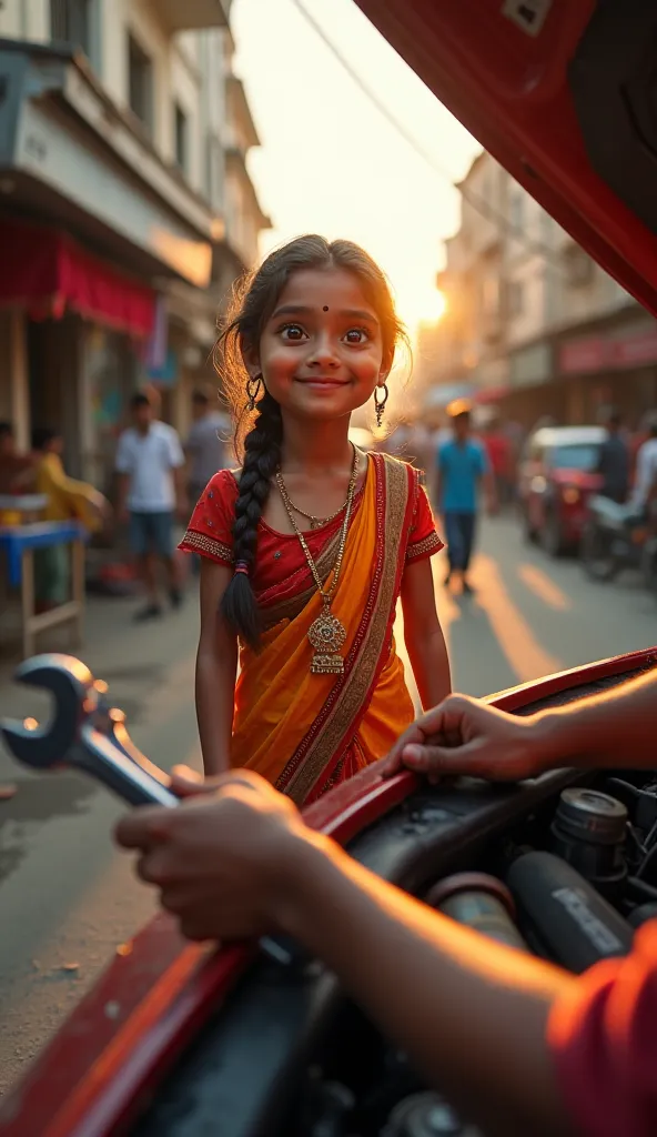 "Ultra-realistic first-person view of a young Indian woman with mesmerizing eyes and a warm smile as she walks past. Her colorful sari flows with the breeze. She glances at the mechanic, her eyes briefly locking with his, a subtle smile forming. In the for...