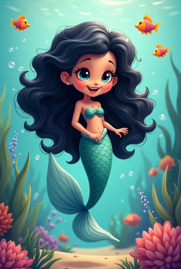 Mermaid cartoon with curly black hair