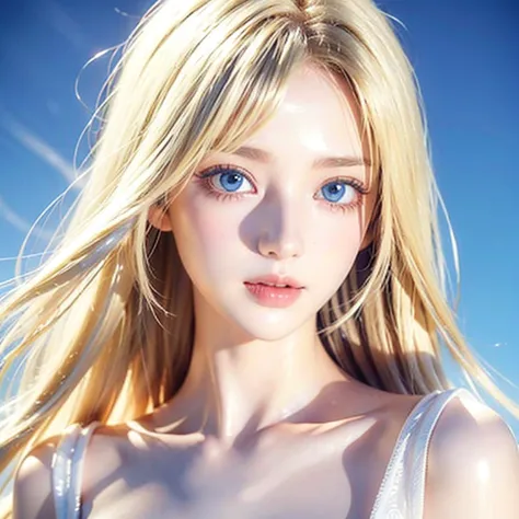  wind blonde clinging to a very beautiful face 、beautiful incredibly bright pale baby blue very bright light blue eyes、 Very big bright eyes 、、white glossy skin 、 beautiful super long shiny silky blonde hair 、beautiful bangs、 sexy 18 year old very beautifu...