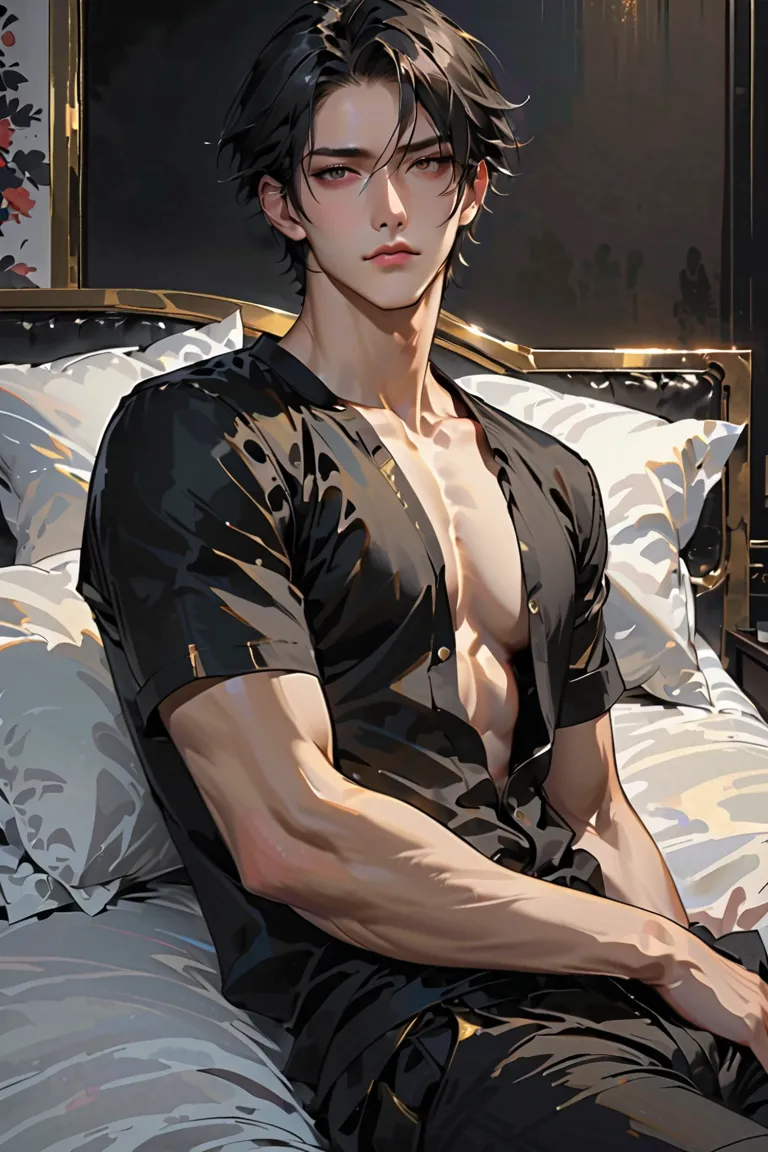 (( 1 male only:1.5)),((Handsome))、((4K：1.5))、masterpiece, anatomically correct,ultra high definition、((handsome))、((wearing a simple black plain shirt：1.5))、(( detailed and perfect face ))、((Yandere man ：1.5))、((Model&#39;s body type and height：190cmで引き締まっ...