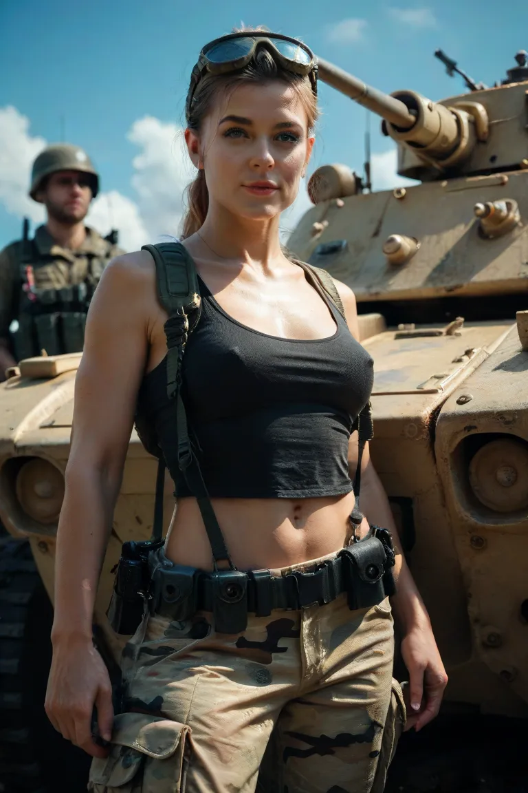 
Ukrainian soldier, standing in front of a tank, dignified,women,4K,Realistic, realistic