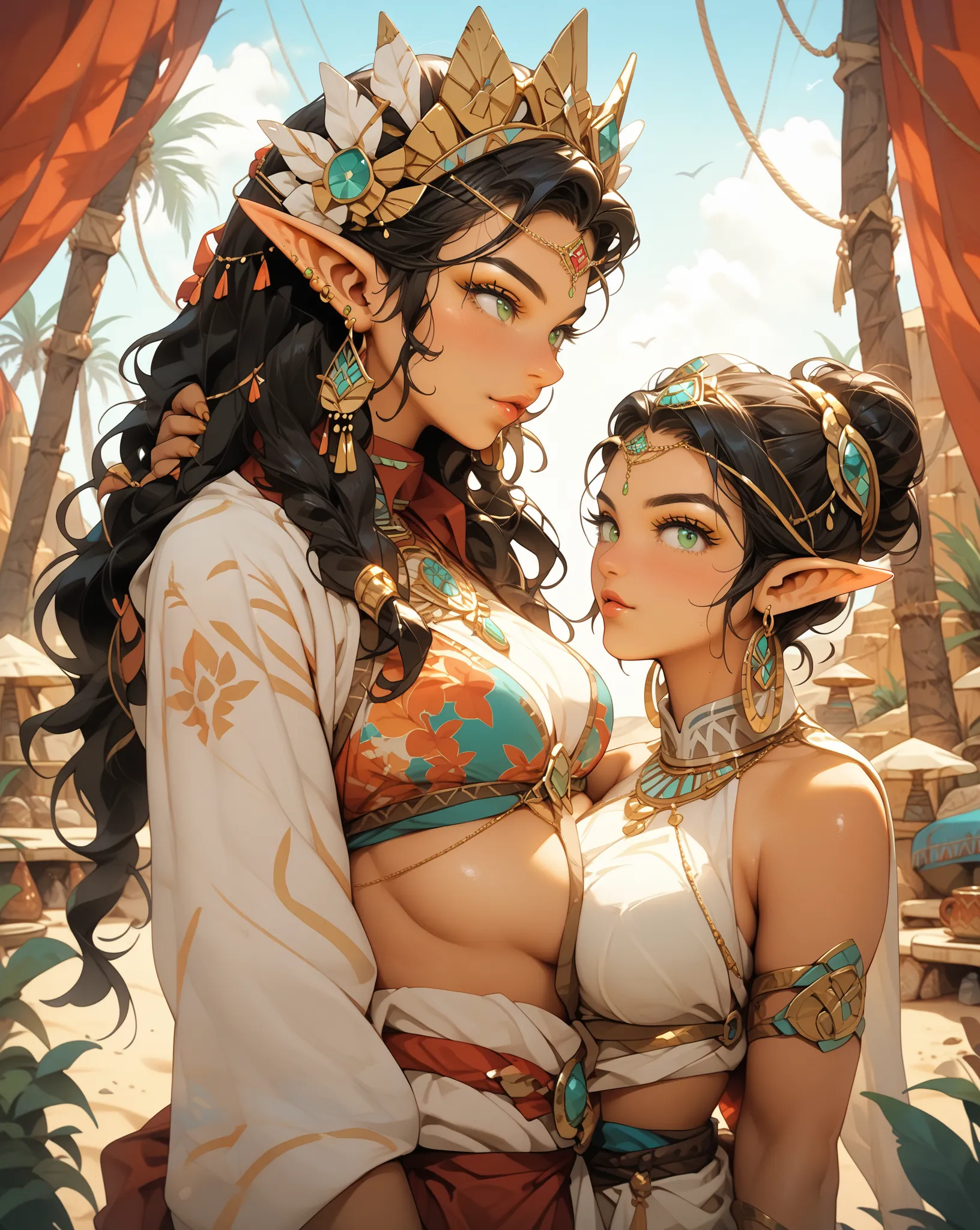 Near a glistening desert oasis, an elf clad in white and gold watches over her people. Her robes shimmer like mirages, and her arms are wrapped in golden bangles. Her dark hair is woven into a crown-like bun, and her emerald eyes hold the wisdom of centuri...