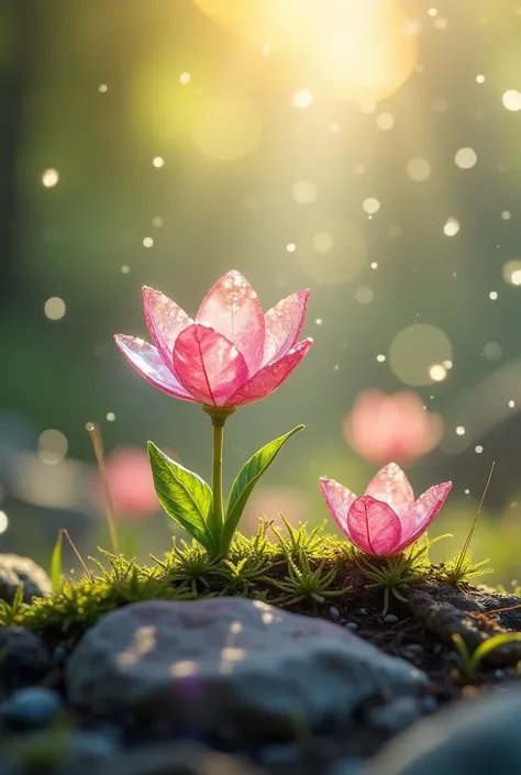 Create a magical scene where small miracles happen, such as flowers made of pink Swarovski crystals sprouting from the ground or drops of crystal clear water shining in the sunlight. Use rays of light to highlight intricate details and a soft background wi...