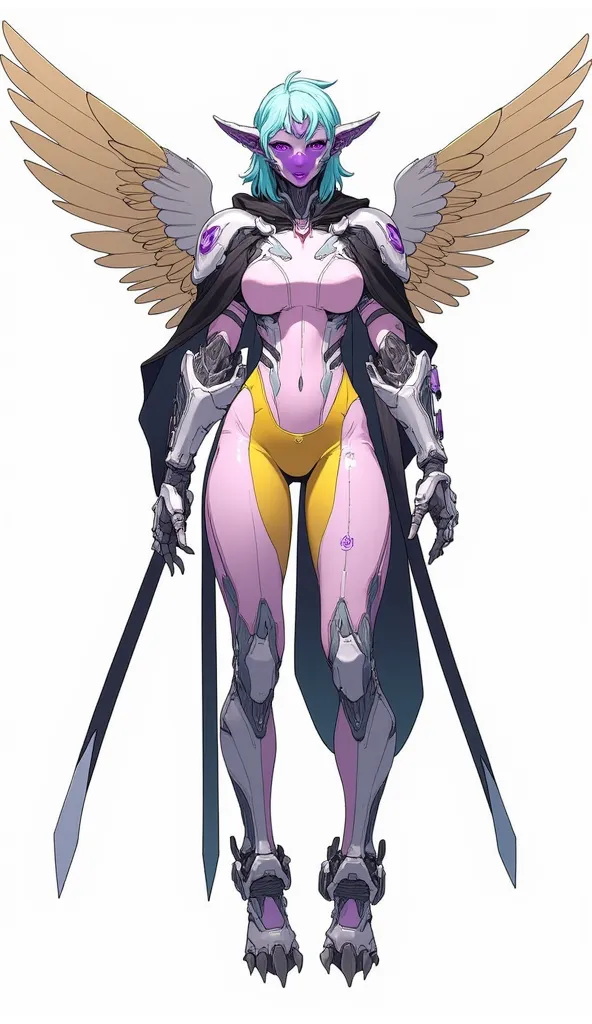 Describe a futuristic hybrid character who is agile and aerodynamic. This character wears a tight-fitting jumpsuit in pale pink or light purple, showing off her curves. Her midriff is pale yellow, creating a striking contrast. The futuristic jumpsuit desig...