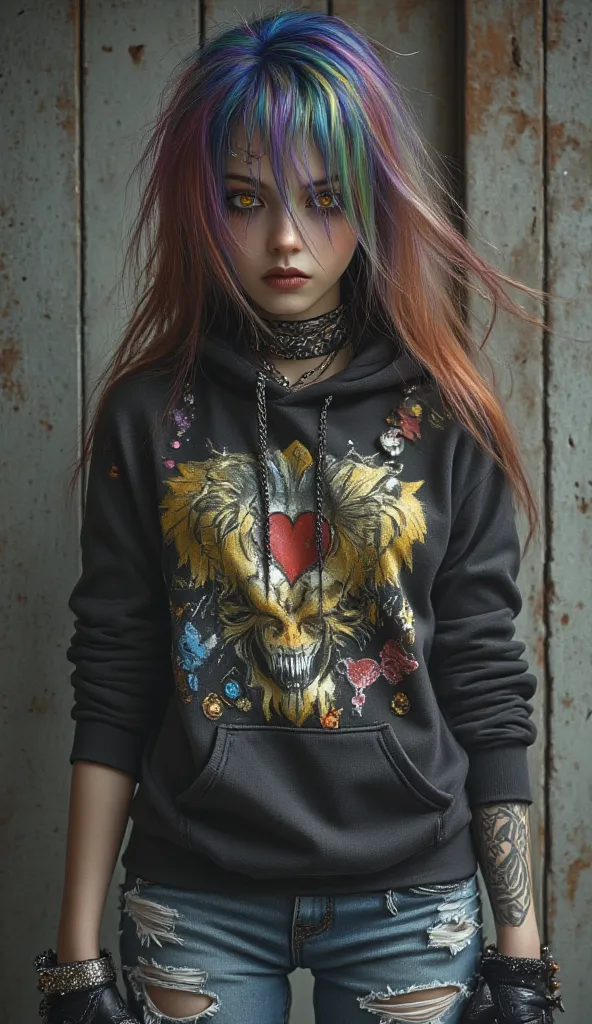 La fille punk rock la plus belle et magnifique, rainbow-colored hair, yellow eyes, wearing a graphic hoodie and ripped skinny jeans, Tatouages et piercings, perfect masterpiece , high quality, high resolution