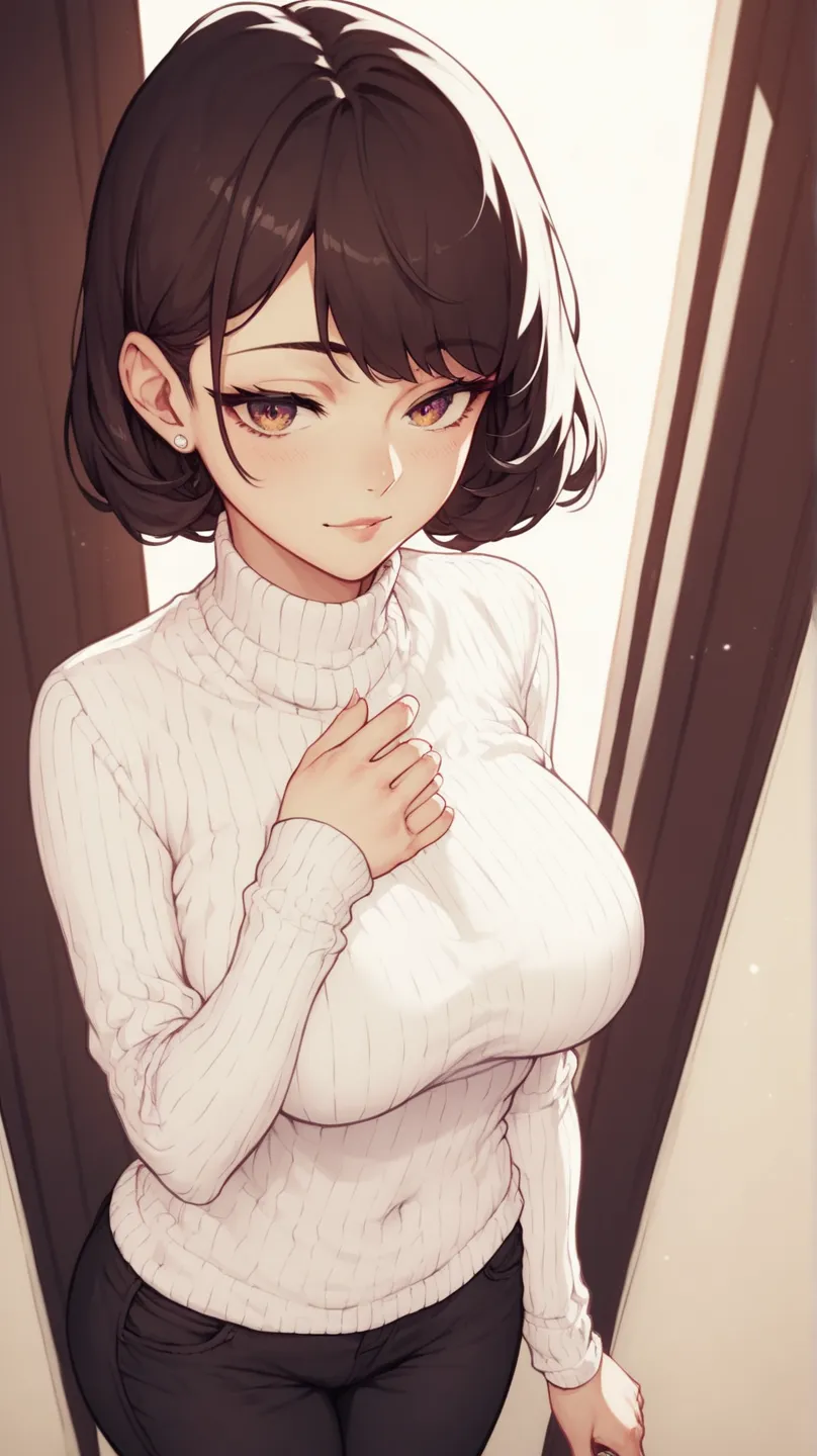 (High-quality anime illustration), extremely detailed depiction of a confident brunette woman with large breasts, wearing a form-fitting white ribbed turtleneck sweater and tight black pants. She is viewed from a slightly low-angle perspective, gently rest...