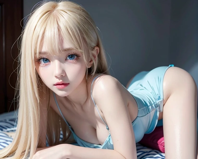  wind blonde clinging to a very beautiful face 、beautiful incredibly bright pale baby blue very bright light blue eyes、 Very big bright eyes 、、white glossy skin 、 beautiful super long shiny silky blonde hair 、beautiful bangs、 sexy 18 year old very beautifu...