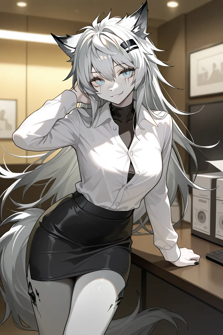 Lappland from Arknights,Black Pencil Skirt,white buttoned Shirt,black undershirt,Furry