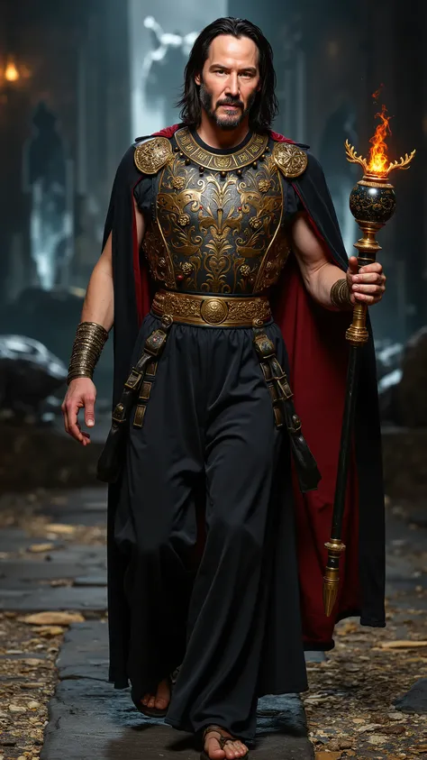 Keanu Reeves reimagined as a majestic Roman god walking and holding golden scepter、1 female、 full body, cleavage,
Shoulder-length raven-black hair, adorned with a blackened gold laurel wreath inlaid with obsidian and garnets, rests against a strong, chisel...