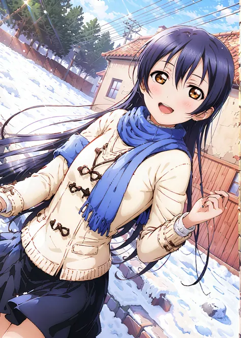 Sonoda Umi  , Alone,long hair, bungs, Between the eyebrows, brown eyes,  Lantern,smile,blush,open your mouth,half up do,Glasses,duffle coat,(sweater  :1.2),( turtleneck:1.2),blue scarf ,Black long skirt,Short Boots,snow,morning,walking,full bodyがイラストに入るように...