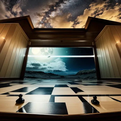 Picture in 3D. starry night sky, the moon shines at its full height among the clouds and illuminates the ground on which there is a huge chessboard with arranged pieces. 