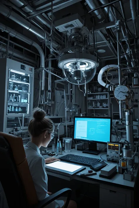 "A modern laboratory, where various scientific instruments are scattered around, and computer screens are glowing. In the center, a small time machine is gleaming."