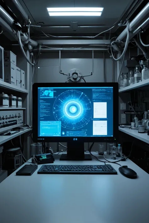 "A modern laboratory, where various scientific instruments are scattered around, and computer screens are glowing. In the center, a small time machine is gleaming."