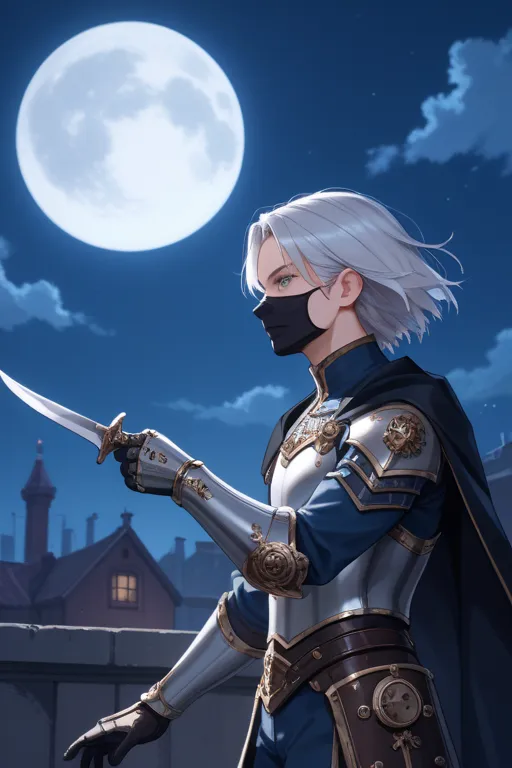  1boy, night, moon, leather armor, blue clothes, silver hair, blue eyes, leather armor, rooftop, face mask, cape, medium hair, ambiguous gender, leaning forwards, from side, close-up, hand on ground, jumping, dagger, cowboy western, white armor, holding we...