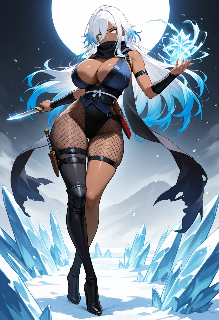 1girl, dark-skinned female, dark skin, white hair, long hair, bangs, long bangs, blue eyes, huge breasts, thick thighs, wide hips, shiny skin, ice, magic, knife, dagger, ninja, fighting stace, bodystocking, fishnets, cleavage, fishnet pantyhose, pantyhose,...