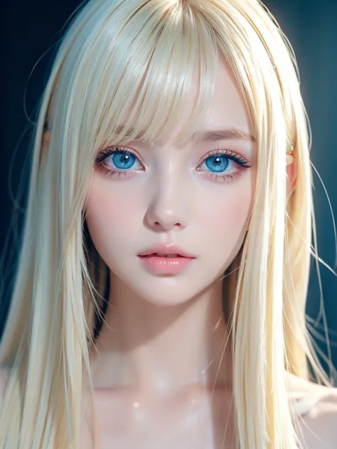  wind blonde clinging to a very beautiful face 、beautiful incredibly bright pale baby blue very bright light blue eyes、 Very big bright eyes 、、white glossy skin 、 beautiful super long shiny silky blonde hair 、beautiful bangs、 sexy 18 year old very beautifu...