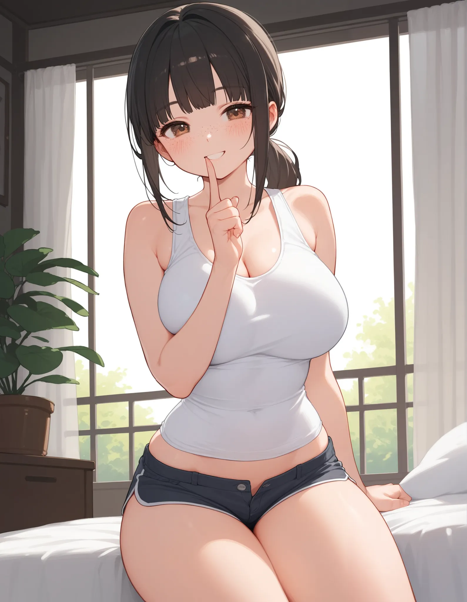 narrow eyes, long hair tied to a ponytail, huge boobs, low cut top, cleavage, huge boobs, freckles, brown eyes, thick thighs, tight shorts, sitting on bed, room, window, blush, coy cute smile, black hair, visible belly button 