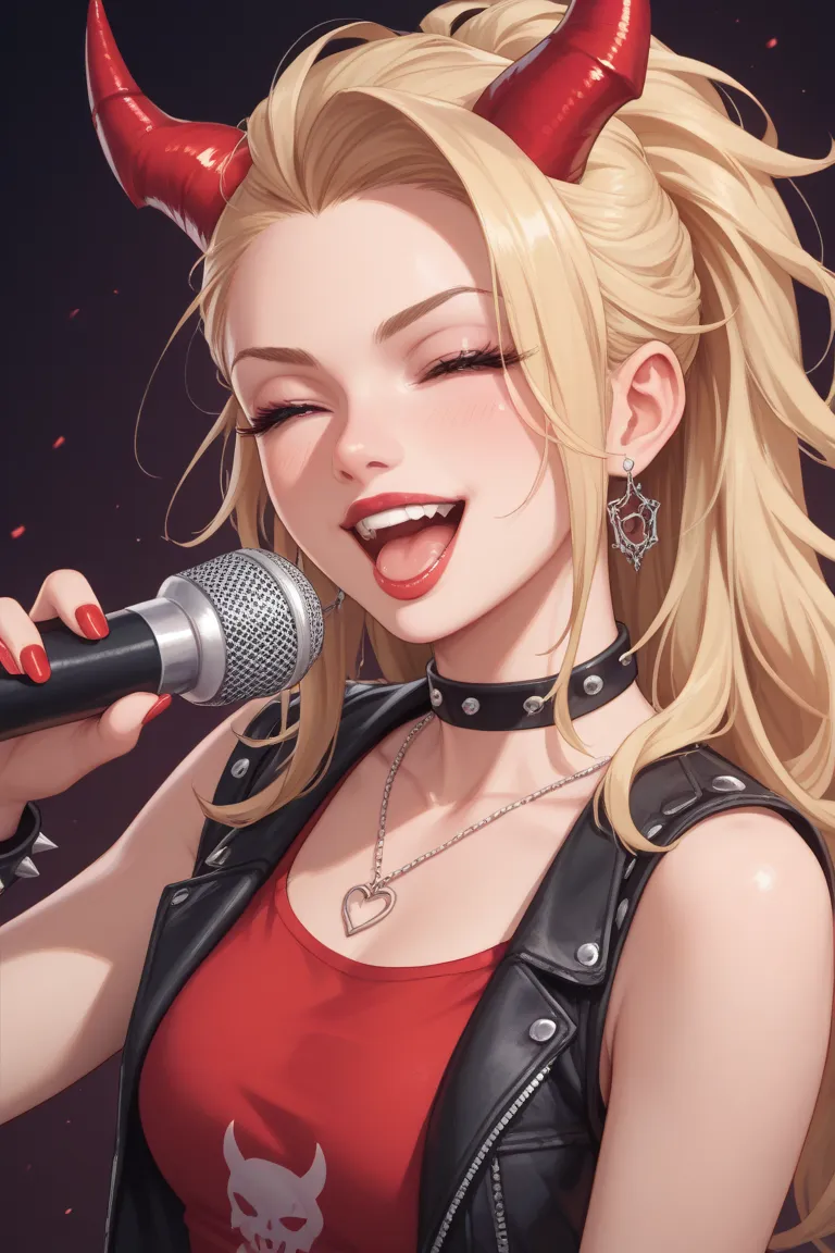 a punk, female ,blonde, long hair ,girl ,singing an emotive song , with devil red horns, in a show