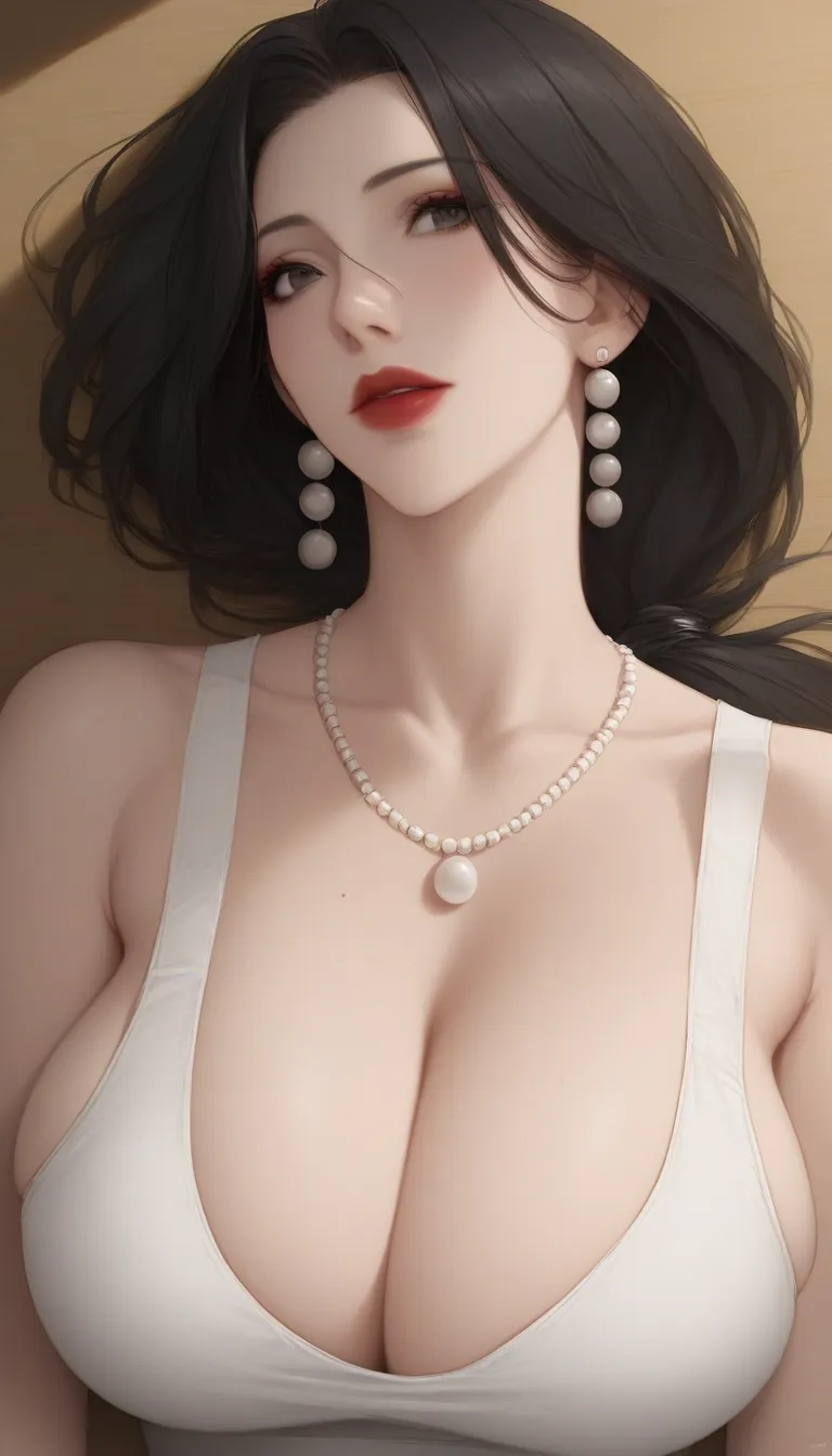 Masterpiece, elegant mother lying on food table, black eyes, tall body, upper body, dynamic lighting, ultra detailed , manhwa art style, newest, long pearl earrings ,red lipstick,makeup, black hair ,necklace, bracelet,long hair ,big breasts , bracelet,ring...