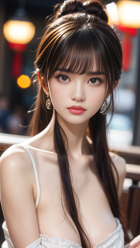 niexiaoqian,solo,1girl,earrings,jewelry,night,black hair,chignon,parted lips,looking at viewer,upper body,hair bun,chinese clothes,white robe,big breasts,bg_imgs,white background,, best quality , masterpiece, illustration, an extremely delicate and beautif...