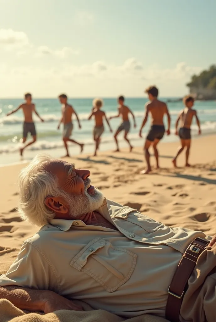 An old man is lying on the ground and watching boys play ball on the sand