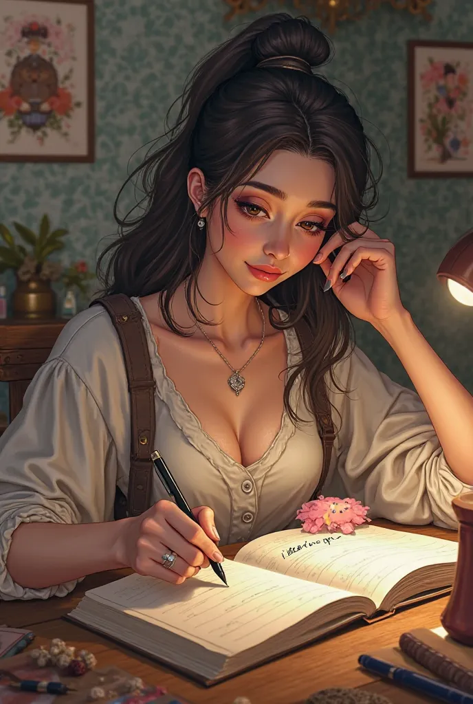 Woman writing Eren in her outfit
