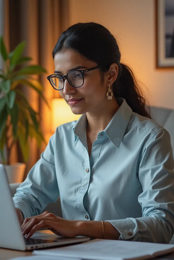 20years old Indian girl wearing formals and classes laptop table  position for chiity light background

