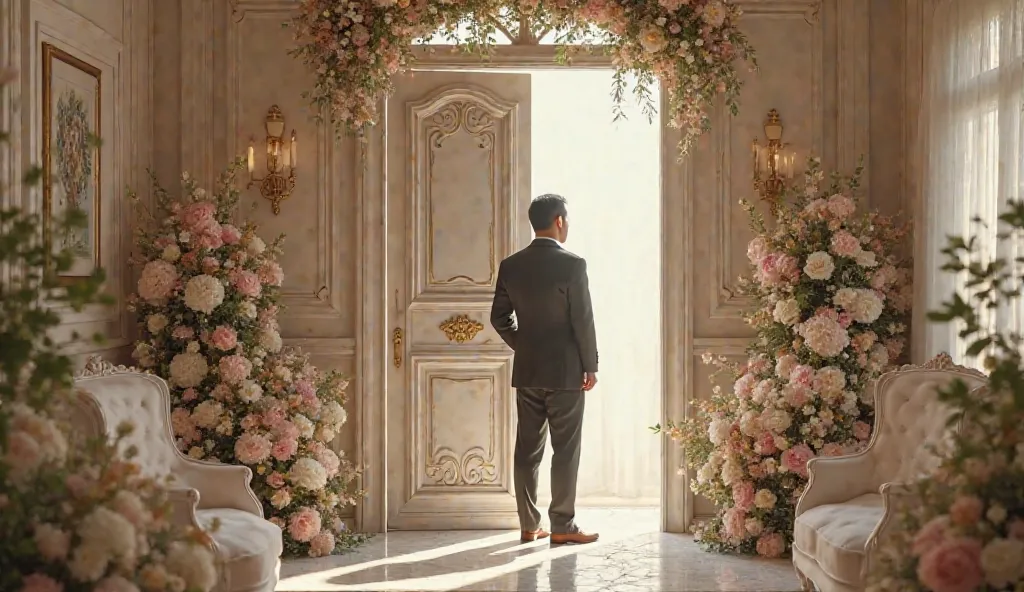 8k ultra HD realistic a brown closed room door decorated with flowers and wedding decorations and there was a neatly dressed man who was about to knock on the door