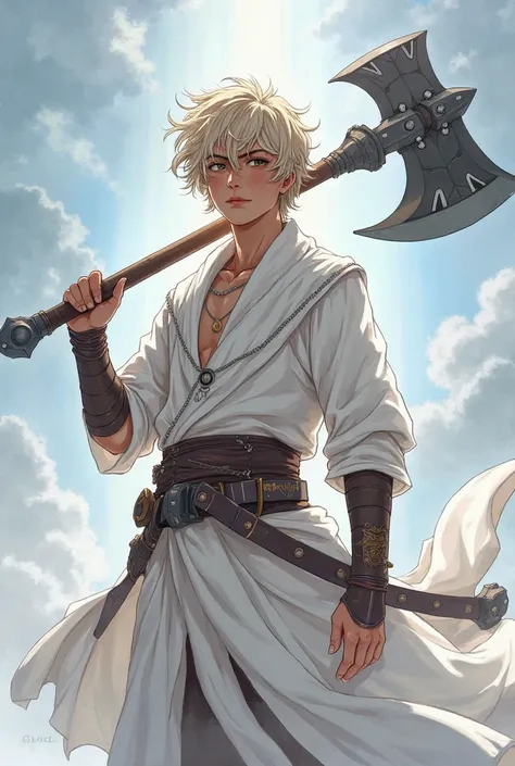 5'5" Brown skinned, ash blond hair, boy with a divine great axe, lean physique, anime styled. In white robes. Make the hair less wavy. Make the art more detailed