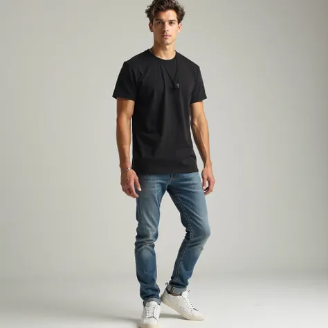 young man black t-shirt white sneakers short jeans, Image to use as a muckup
