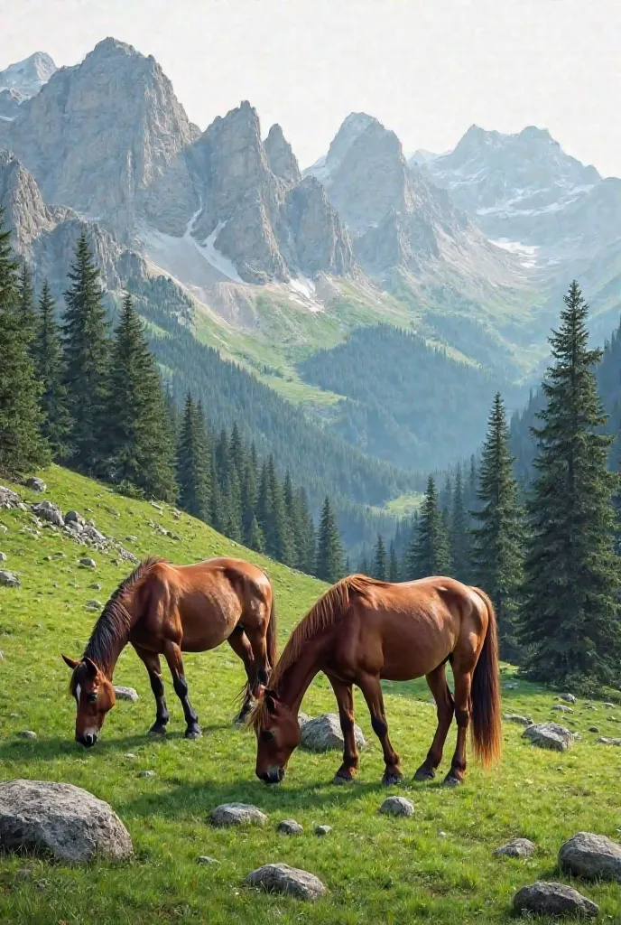 Two brown horses grazing on a vibrant green hillside are the main subjects. The horses are positioned in the center and left of the frame, with their heads lowered towards the grass, suggesting feeding. They are surrounded by a landscape featuring lush gre...