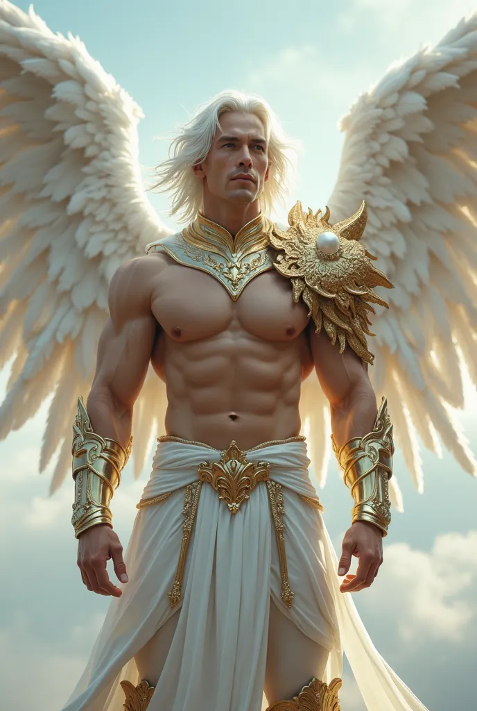 A full body shot of an angelic figure with large white wings, flowing white hair, and ornate gold armor.
The figure is muscular and has a serious expression.
The background is a soft, cloudy sky.
The style is reminiscent of digital fantasy art.
The lightin...