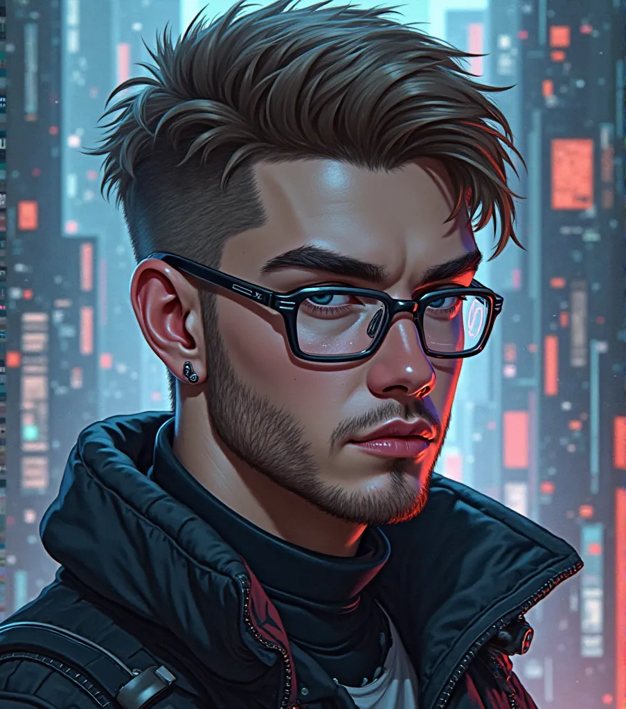 Create a cyberpunk-style illustration of a computer boy, Who has short brown hair, with earrings in the ears, beard and glasses 