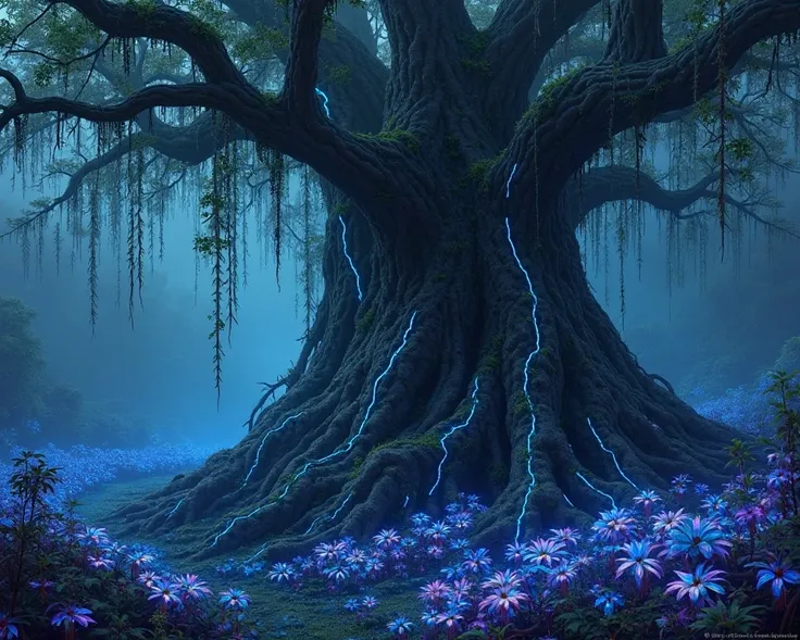 A massive, ancient tree with sprawling roots and thick, hanging vines stands in a misty, mystical forest. The tree's bark is dark and textured, giving it an ancient, almost sacred presence. Glowing blue bioluminescent veins run along the branches and vines...