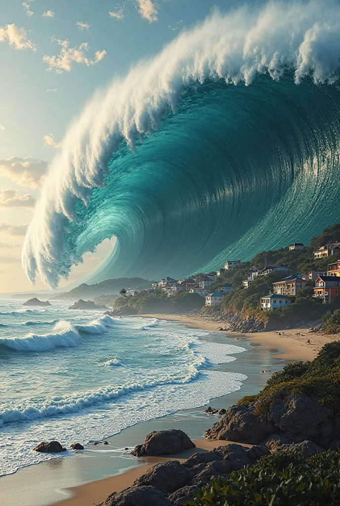 A colossal, terrifying tsunami looms on the horizon, towering over the calm, serene ocean like a giant wave of destruction. Its deep blue-green waters shimmer with a menacing power as it surges forward, dwarfing everything in its path. The wave’s crest cur...