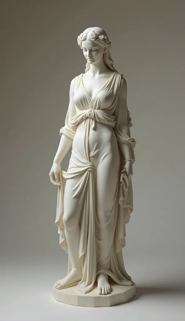 with an open mouth and a happy face, looking down, an antique elegant statue of a woman stands straight and straight, 