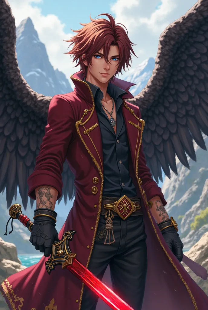 Create final fantasy style & Kingdom Hearts a handsome young man with medium straight reddish brown hair with blue eyes and shapely legs wearing a stylish burgundy overcoat with gold belts adorned with a stylish black blouse underneath holding a stylish lo...