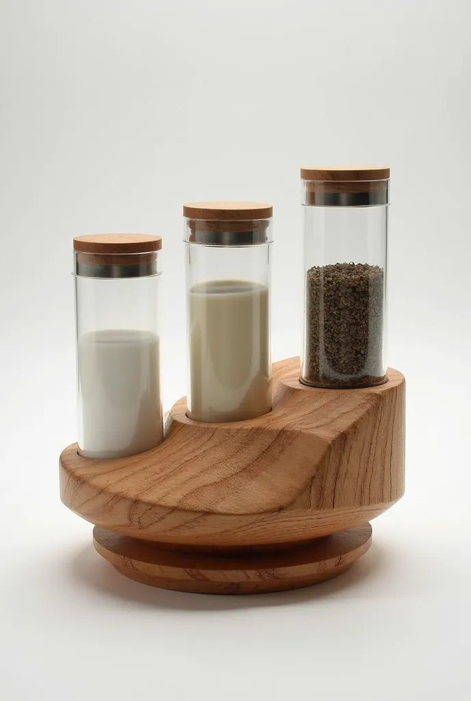 *"A set of spice containers with a swivel base inspired by the softness of the waves of the sea. The base is made of carved wood with a fluid and organic shape, as if it were a moving current, with levels that rise and fall naturally.  On this base , the s...