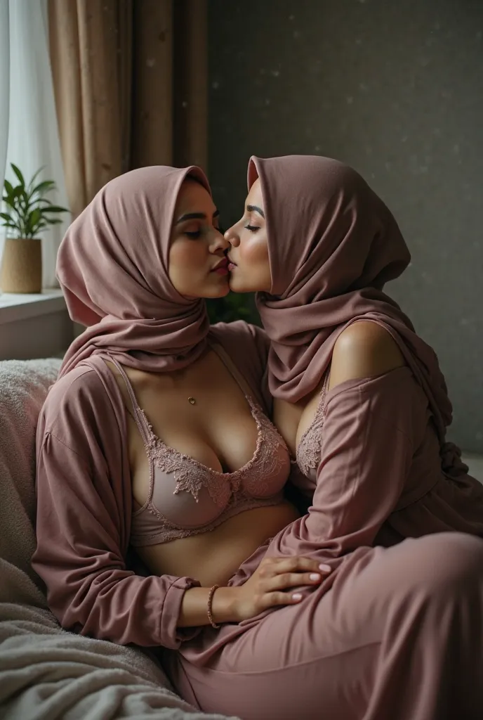 beautiful hijab indonesian lesbian girl,mom and ,laying down,bra and panties,hugging,french kiss,breast grope,view from far,,raining,make text written "nda ewe dini" 