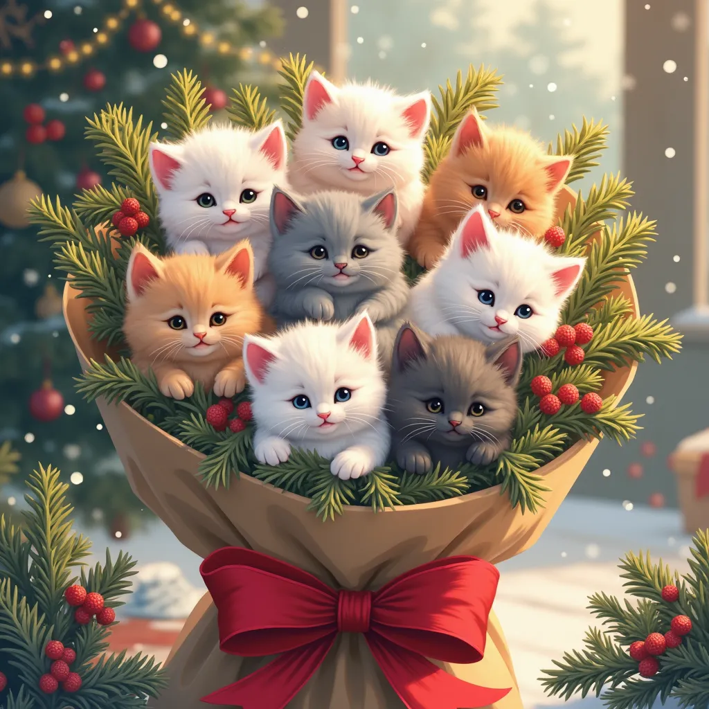 Create an adorable and festive illustration featuring a bouquet of lively, cute kittens arranged like a bouquet of flowers, wrapped in paper. The kittens come in a variety of sizes and colors – white, gray, and cream – with expressive eyes and fluffy fur. ...