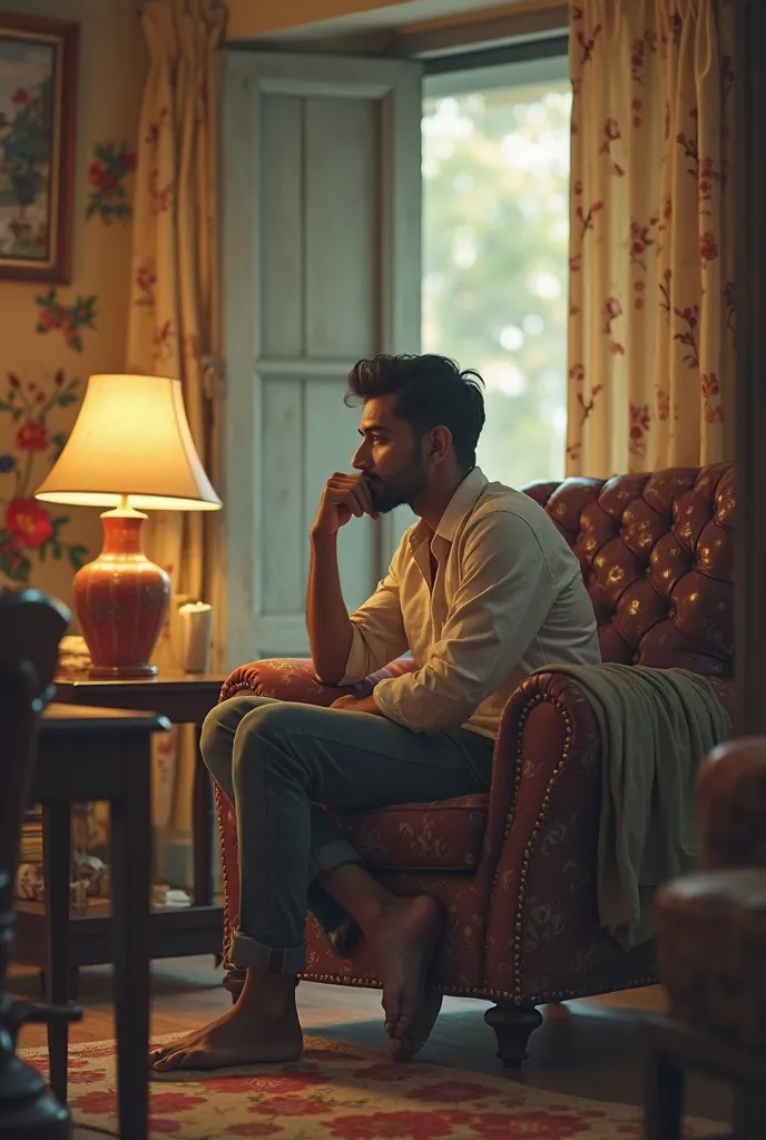 A young Indian man in a small middle-class home, wearing simple clothes, sitting on a chair, looking thoughtful.
