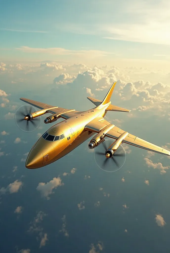 a flying golden plane seen from below 