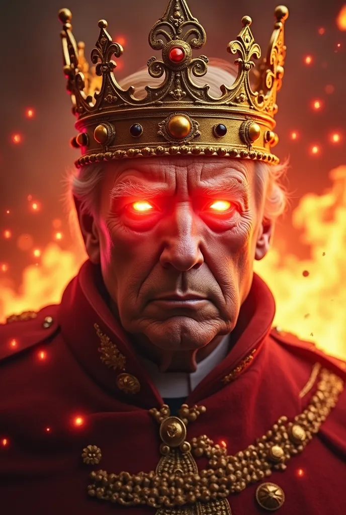 "A digitally enhanced, high-impact image of a powerful political leader wearing a golden royal crown. His eyes glow with intense red energy, giving a supernatural and dominant aura. The background is filled with fiery flames, creating a dramatic and intens...