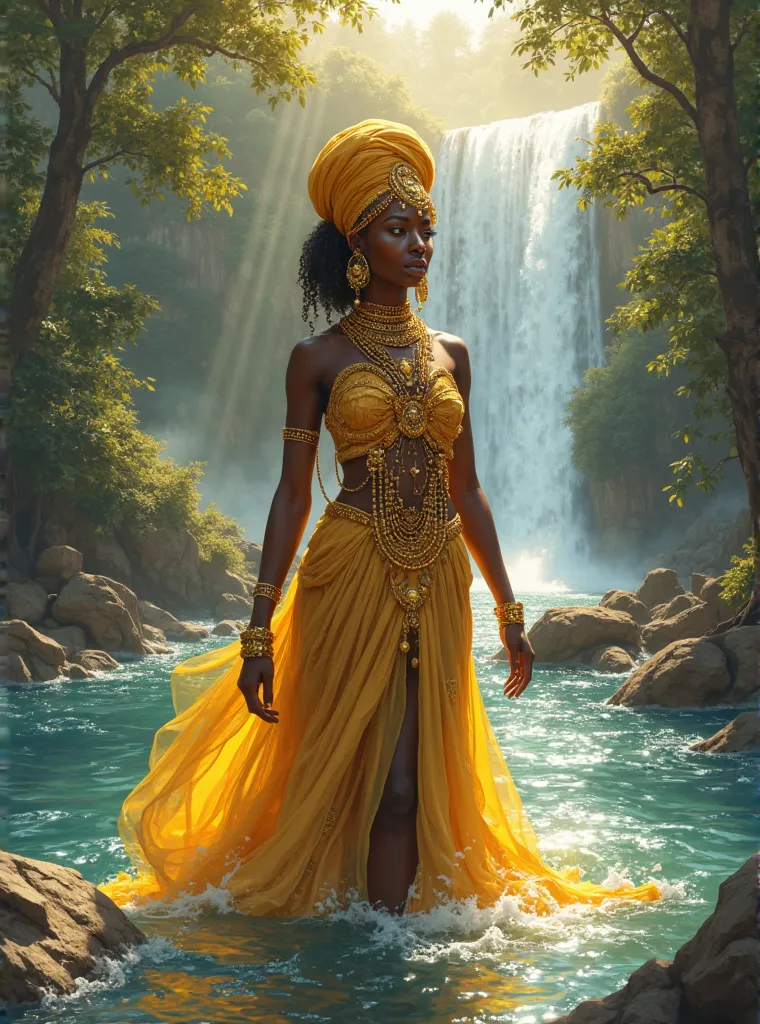 A majestic African goddess with dark skin, represented in a drawing. She wears a luxurious flowing gold costume, adorned with delicate chains and shiny jewels that reflect the light around her. Her ornate golden crown and turban Stylized give it an appeara...