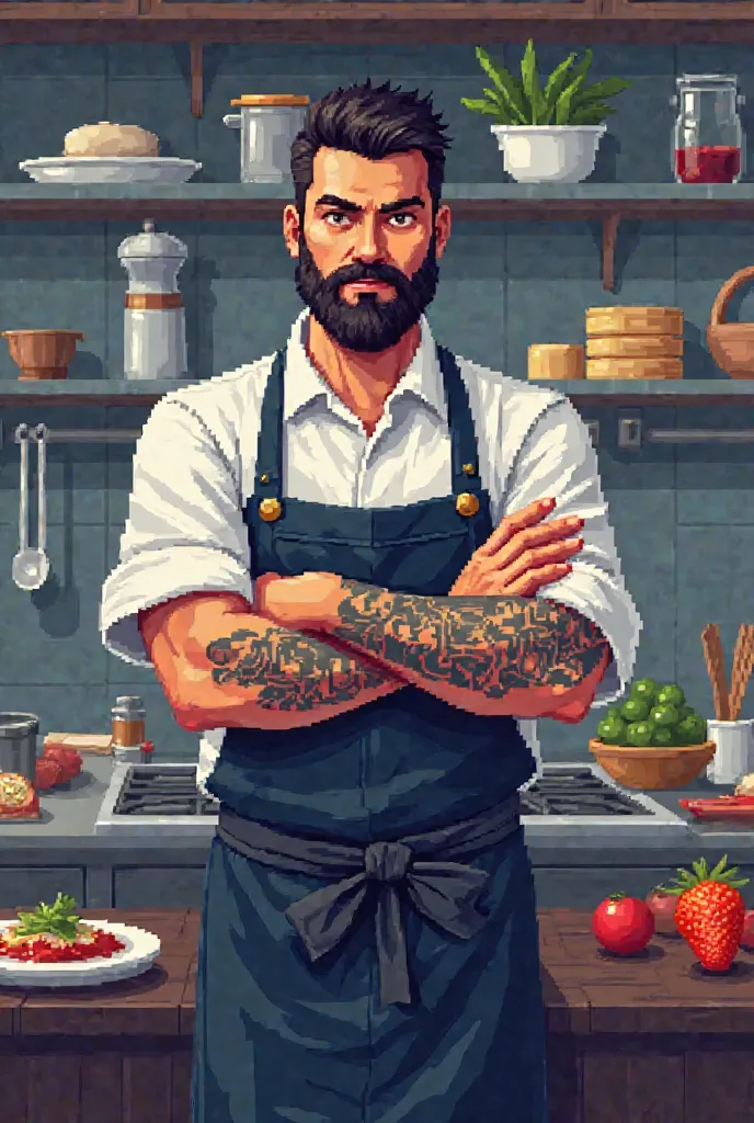 Chef-style pixer style poster 28 year old Japanese-style man with mustache and big beard short hair with arm tattooed on a kitchen background 