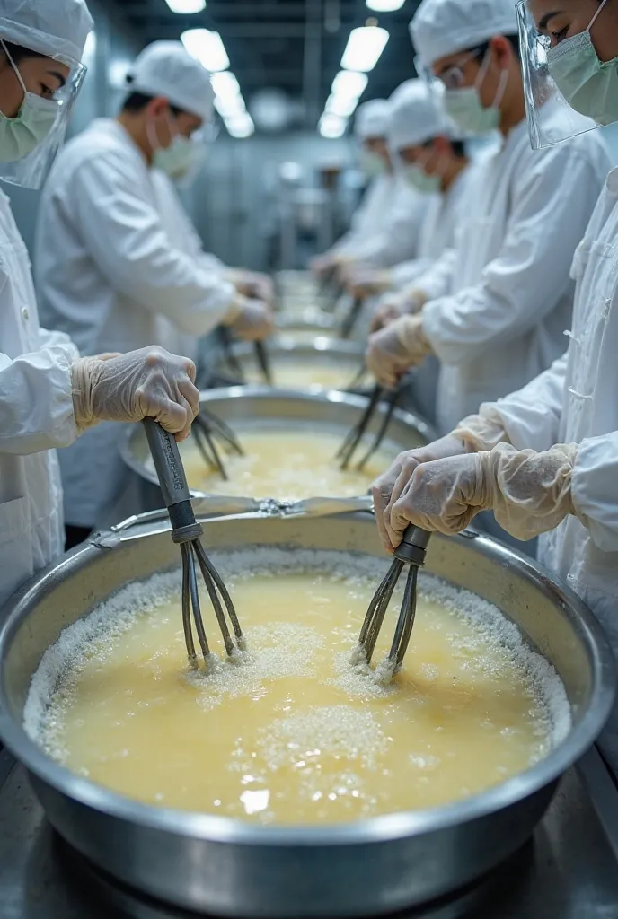 manufacturers using multiple wireless mixer wearing ppe and mixing gelatin in bowl