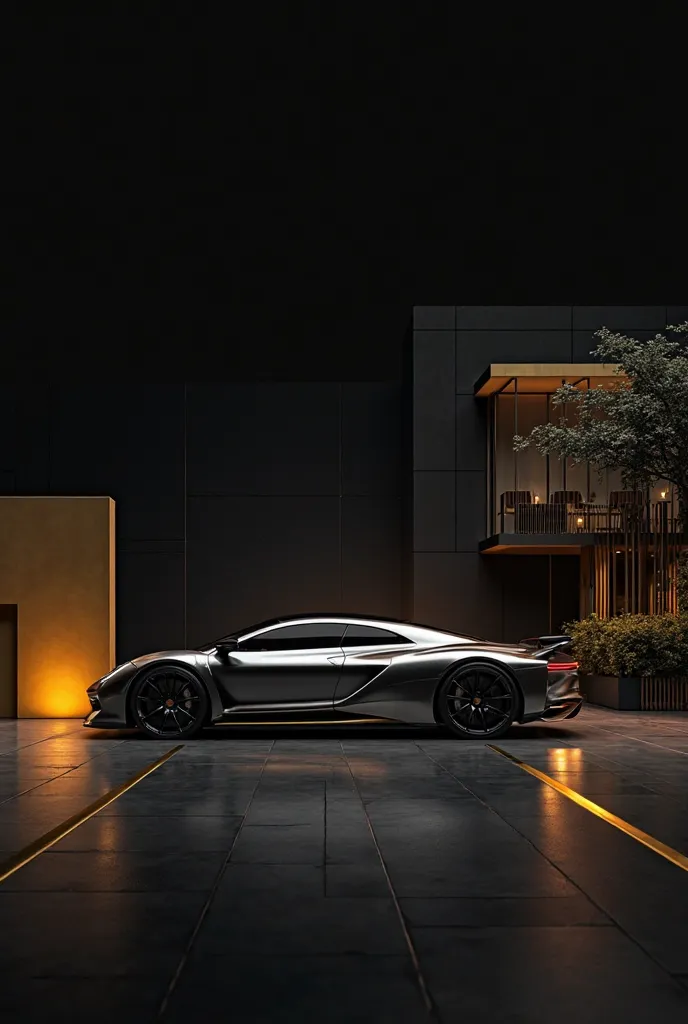 black background composition, with touches of elegance, with an image of a car, Blocks of gold , And next door a house