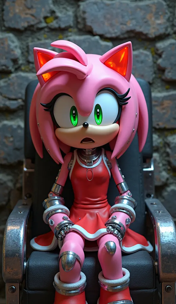 A close-up 3D image in Disney Pixar style of Amy Rose from Sonic the Hedgehog with a fully robotic body. Her metallic plating is sleek and polished in shades of pink and silver, with glowing neon joints in soft red and white. Her face retains her expressiv...