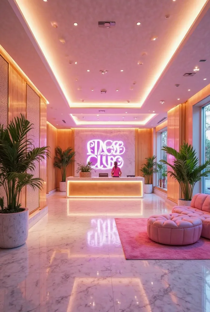 A glamorous fitness club lobby in the signature L.O.L. OMG style, featuring a sleek reception desk with golden accents, pastel-colored walls, and shimmering details. The floor is polished and reflects the soft glow of elegant lighting. A stylish lounge are...